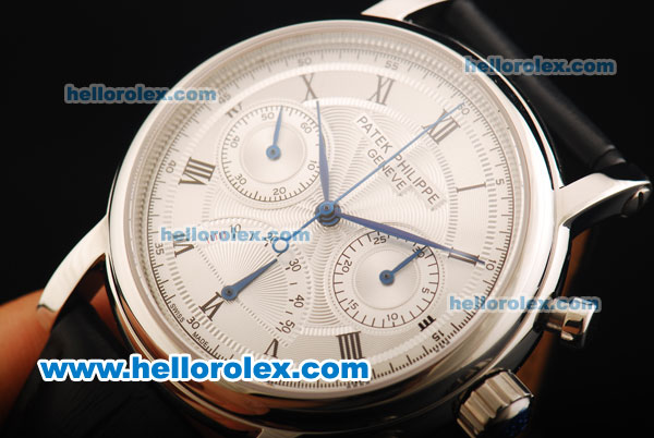 Patek Philippe Swiss Valjoux 7750 Manual Winding Movement White Dial with Roman Numeral Markers and Black Leather Strap - Click Image to Close